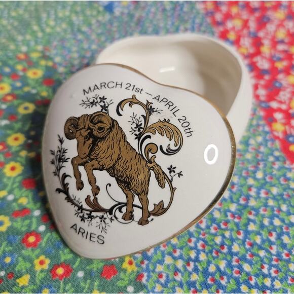 Vintage Aries (March 21st - April 20th) Ceramic Trinket Heart Shaped Box - Picture 1 of 8
